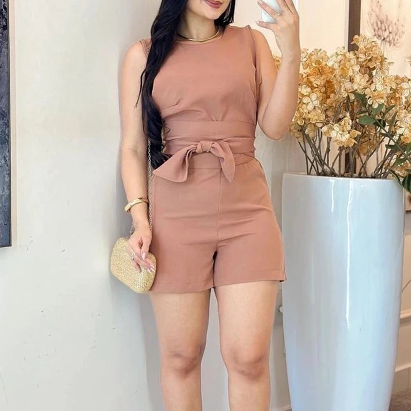 Cyflymder  Elegant Commute O-neck Short Jumpsuit Summer Casual Hight Waist Solid Color Rompers Women Fashion Simple Draped Party Playsuits
