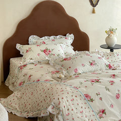 Cyflymder  Rustic Vintage French Rose Floral Ruffles 100% Cotton Bedding Set Duvet Cover Set Flat/Fitted Bed Sheet Pillowcases 4Pcs