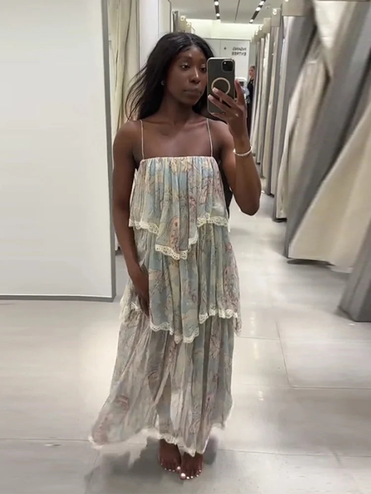 Cyflymder  Bohemian Ruffles  Floral Print Ruffles Evening Dress Casual Vacation Style Long Dress Fashion Irregular Patchwork Suspender Robe