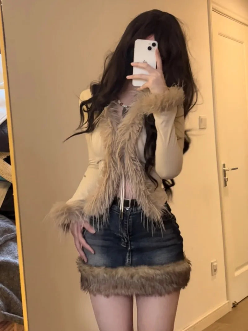 Cyflymder Washed Fur Paneled Denim Skirt for Women Retro Sexy Hot Girl High Waist A-line Skirt Y2k Skirt Fashion Casual Package Hip Skirt