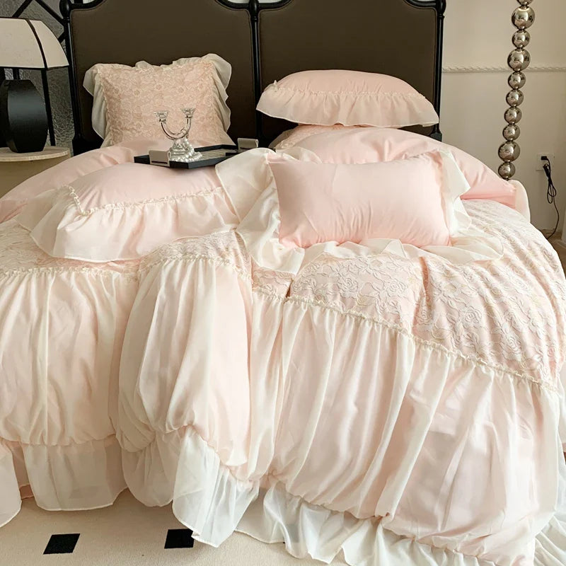 Pink Romantic French Princess Bedding Set, Soft Cozy Queen Size, Pleat Lace Ruffles, Duvet Cover Set, Bed Sheet, Pillowcase,