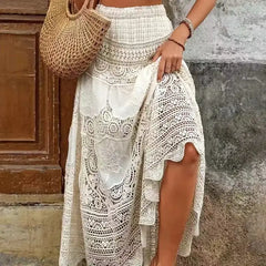 Cyflymder  Bohemian Style Hollow out Lace Half Skirt Women's Vacation Wear High Waist Flared Umbrella Skirt Cotton Polyester Knitted Long