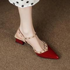 Cyflymder  Summer New French Coarse Heel Baotou Sandals Women Soft Leather Pointed Rivet Shallow Mouth Lacquer Leather Single Shoes Women