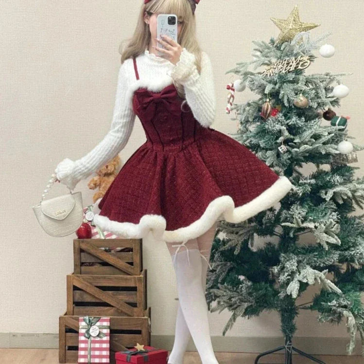 Cyflymder Christmas Outfits Sweet Lolita Style Dress Sets Women Elegant Bow Plush Shawl Short Jackets Mini Skirts Suit Kawaii Christmas New Year 3 Piece Set