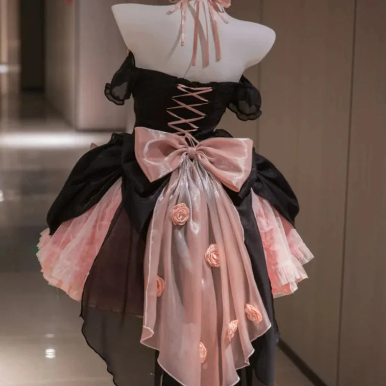 Cyflymder DRESS TO IMPRESS Japanese Gothic Lolita Dress Women Kawaii Bow Bear Lace Pink Black Off Shoulder Princess Dresses Girls Sweet Halloween Costume