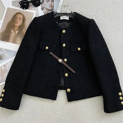 Cyflymder  Black Small fragrant style Short Jacket Women's Top 2025 Autumn Winter New Round neck Thicken coarse Tweed Coat Female Outwear