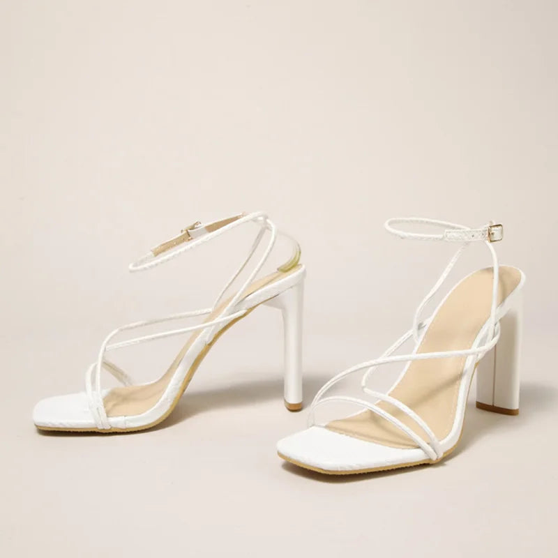 Cyflymder  White Sandals For Women Cozy Leather Narrow Band Square Toe Buckle Strap Ladies Shoes High Heels Gladiator Sandalias Mujer