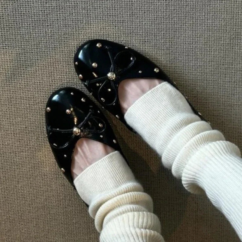 Cyflymder  Women Flat Shoes Autumn New Round Toe Shallow Mouth Patent Leather Butterfly Knot Rivet Casual Shoes Soft Sole Single Shoes