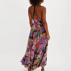 Cyflymder  Summer New Floral Print Women's Long Dress Fashion Backless Hollow Out Holiday Dress Female Casual Halter Tie Up Bohemian Dress
