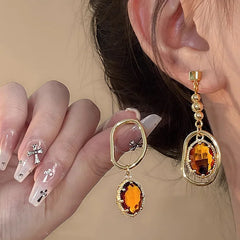 Cyflymder  Retro Metal Asymmetrical Long Crystal Stud Earrings for Women European American Style Jewelry Party Travel Accessories