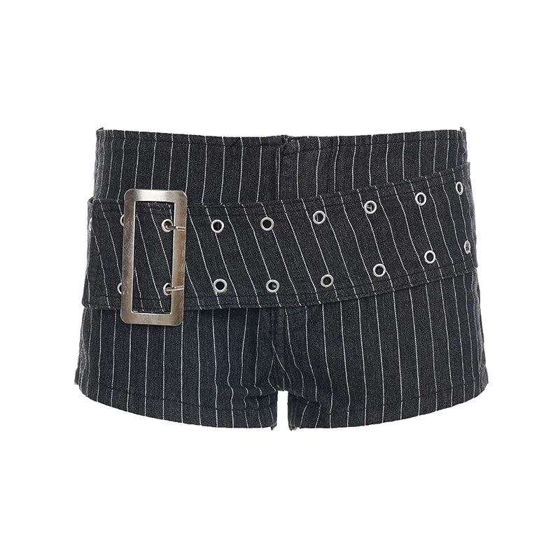 Cyflymder  Streetwear Striped Contrast Color Metal Buckle Decoration Micro Jeans Women Slimming Straight Denim Mini Bottoms Summer Fashion