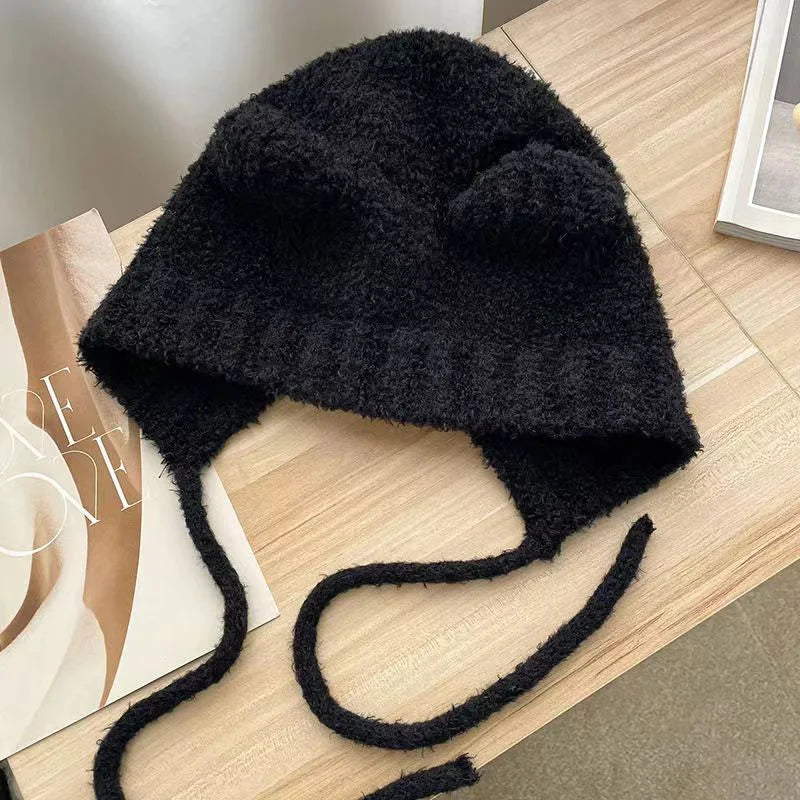 Cyflymder Cute Girl Knit Ear Protection Hat Bear Women Earmuffs Cap Woolen Crochet Bonnet Solid Color Hood Beanies Winter Warm Headgear