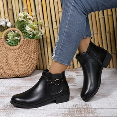 Cyflymder Pu Leather Classics Black Thick Heel Ankle Boots Metal Zipper Low Platform Woman Shoes Winter Round Toe Slip On Short Boots