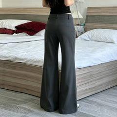 Cyflymder  Women’s Low-Waist Wide Leg Grey Pants Elegant Office Trousers with Button Closure Long Flared Business Casual Pants for Ladies