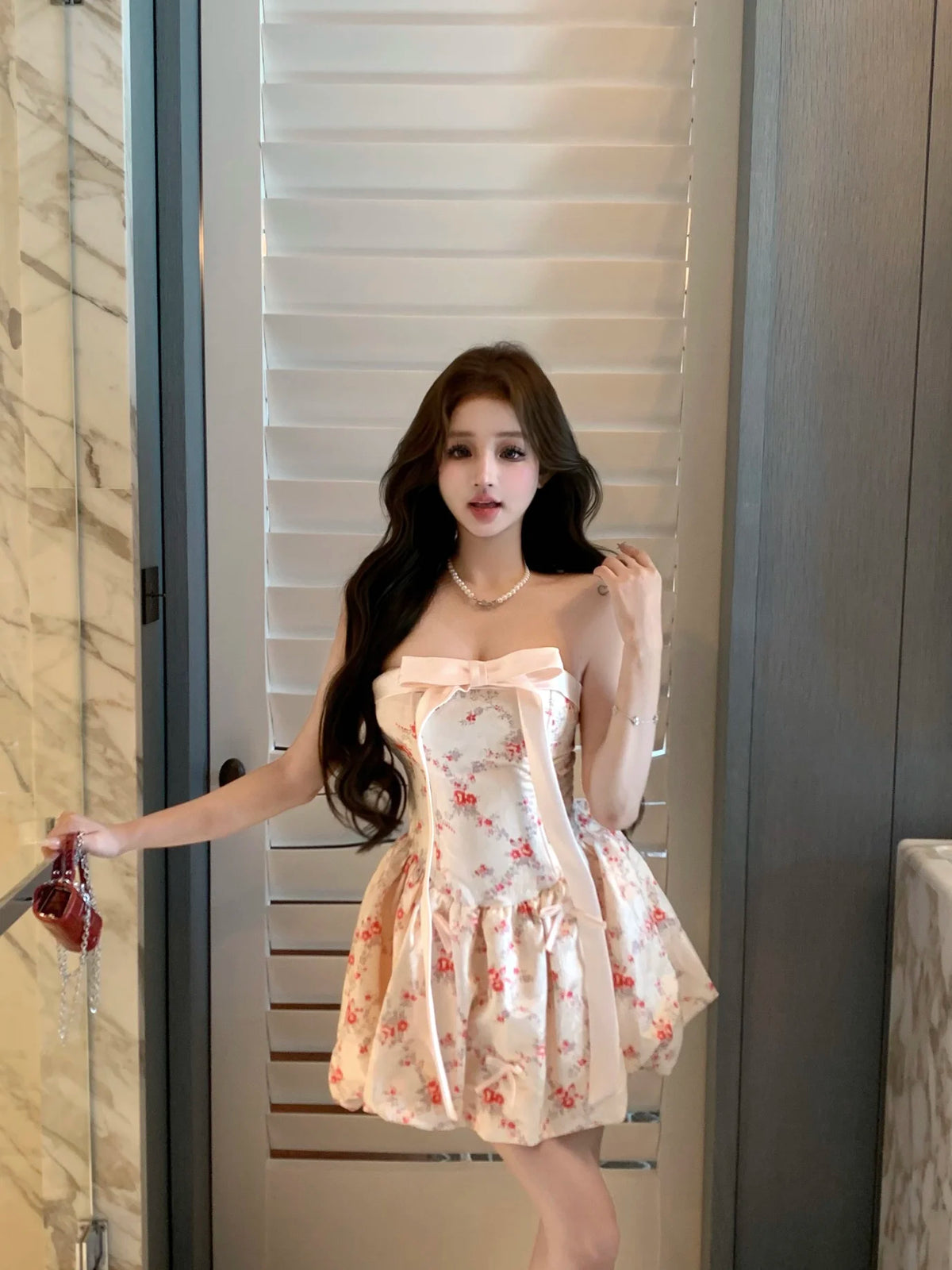 Cyflymder  Sweet Hot Girl Floral Bow Strapless Dress for Women's Summer Pure Sexy Slim Fit A-line Short Dress Fashion Female Clothes