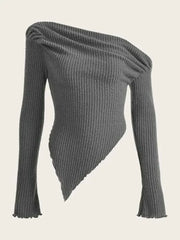 Cyflymder Women Solid Autumn Winter Grunge Asymmetrical Neck Rib-knit Tee Strapless Blouse Long Sleeve Casual Sweater Handkerchief Hem