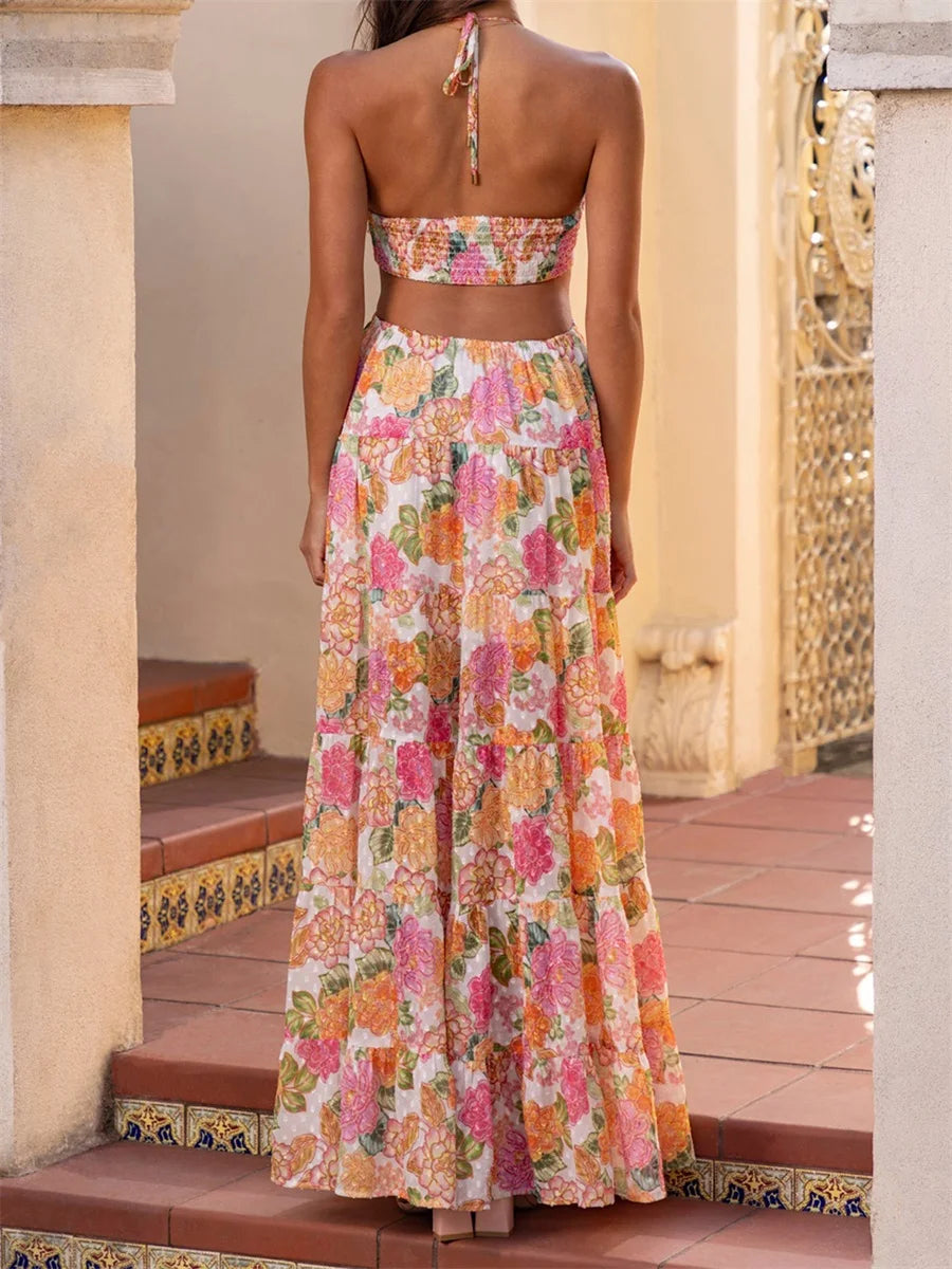 Cyflymder  Elegant Maxi Dress with V-Neckline and Ruffle Detailing Boho Chic Sleeveless Floral Print Summer Dress for Women