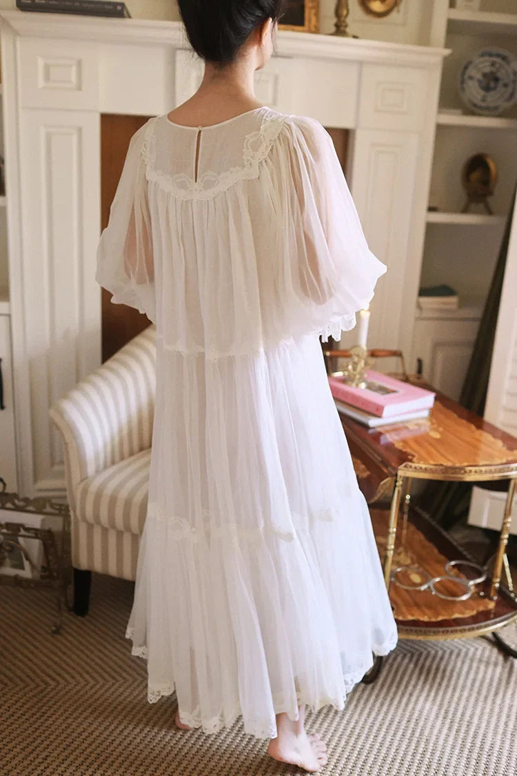 Cyflymder  Princess White Vintage Long Nightgowns Gauze Round Neck Puff Long Sleeves Cotton Nightie Loose Design Embroidery Nightdress  New