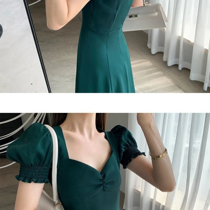 Cyflymder DRESS TO IMPRESS Solid Puff Short-Sleeved Elegant Dress Women Clothing Wedding Guest New Year Women Fashion High Waist Slim Evening Party Dresses