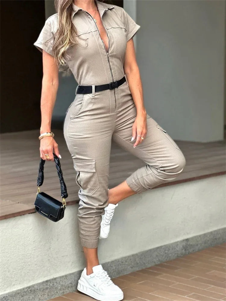 Cyflymder  Women Jumpsuit New Zipper Workwear Jumpsuit with Short Sleeved Collar Multiple Pockets Waist Belt