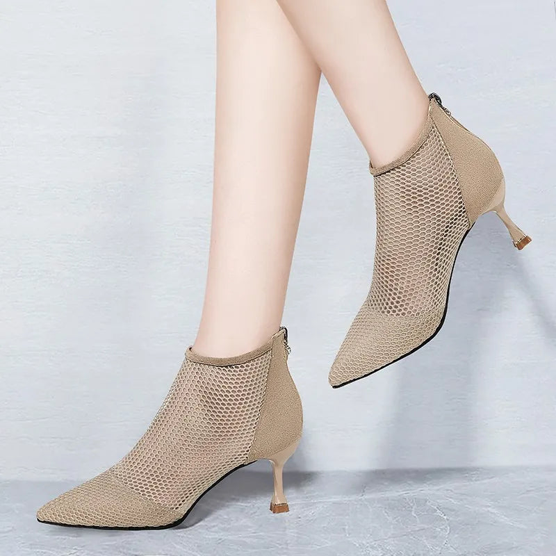 Cyflymder Fashionable Mesh Women's Slim High-heeled Mesh Boots Spring and Autumn Hot Item Pointed Hollow Fairy Single Boots