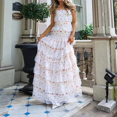 Cyflymder  Women Summer Adjustable Thin Shoulder Straps Sleeveless Square Neck Lace Patchwork Patchwoek A-line Cami Long Dress