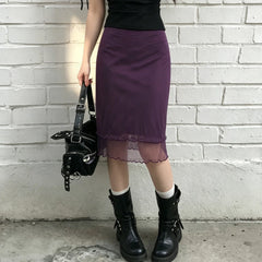 Cyflymder  Women's Summer Elegant High-Waist Purple Sheer Layered Midi Skirt Featuring a Subtle Ruffle Hem Perfect for Chic Everyday Wear