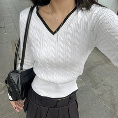 Cyflymder  Fashion Vintage Preppy V Neck Long Sleeve Pullovers Y2k Knitted Slim Waist All Match High Street Women Sweaters Harajuku Jumpers
