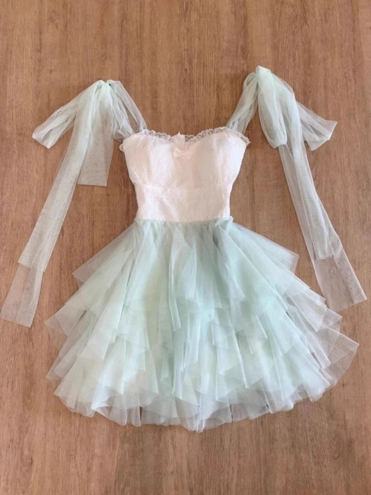 Cyflymder  French Sweet Mesh Patchwork Elegant Women Dress Y2k Design Irregular Strap Princess Party Dress Female Gentle Fairy Chic Outfits