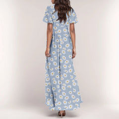 Cyflymder  Summer Beach Style Women'sFloral Dresses Casual Short Sleeve Maxi Long Shirts Floral Maxi Dresses Wedding Guest Flowing Dresses