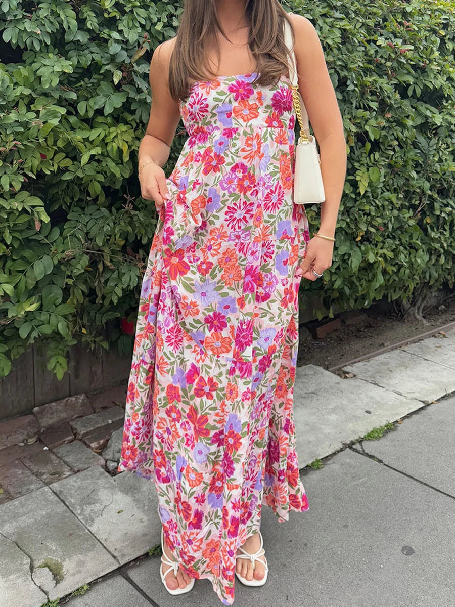 Cyflymder  Elegant Off-Shoulder Maxi Dress with Boho Floral Print and Lace-Up Back Detail for Summer Wedding Party or Vacation Beachwear