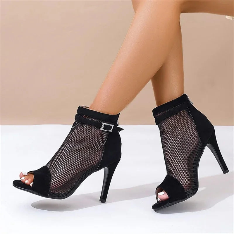 Cyflymder  Summer hollow black cool boots slim heels mesh boots fish mouth exposed toe high heels mesh women's shoes dance short boots