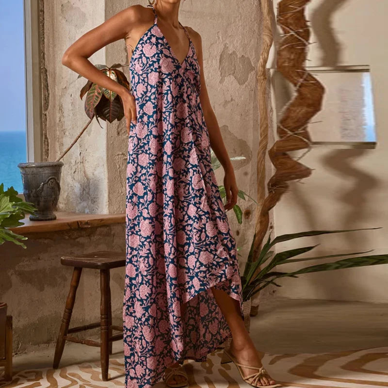 Cyflymder  Sexy Dress Vintage Floral Print Halter Women's Long Dress Fashion Hollow Out Backless Party Dress Bohemian Sleeveless Suspender