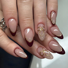 Cyflymder  24Pcs Red Cat's Eye Nails Set Press on Golden French Design False Nails Mid-length Almond Detachable Full Cover Fake Nails Tips