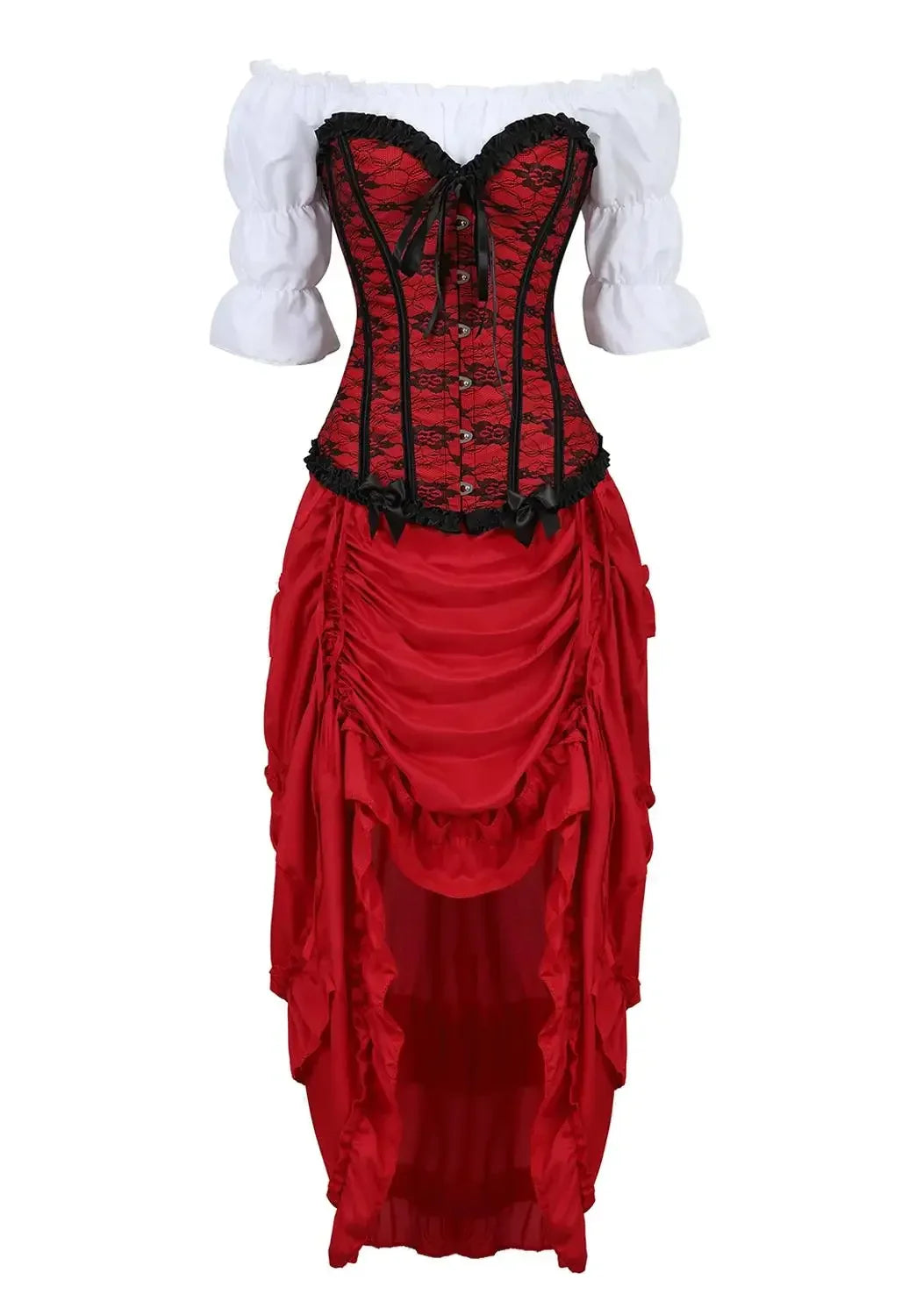 Cyflymder  Corset 3 Piece Outfits for Women Steampunk Renaissance White Blouse Set Carnival Party Lace Up Boned Bustiers with Pirate Skirt