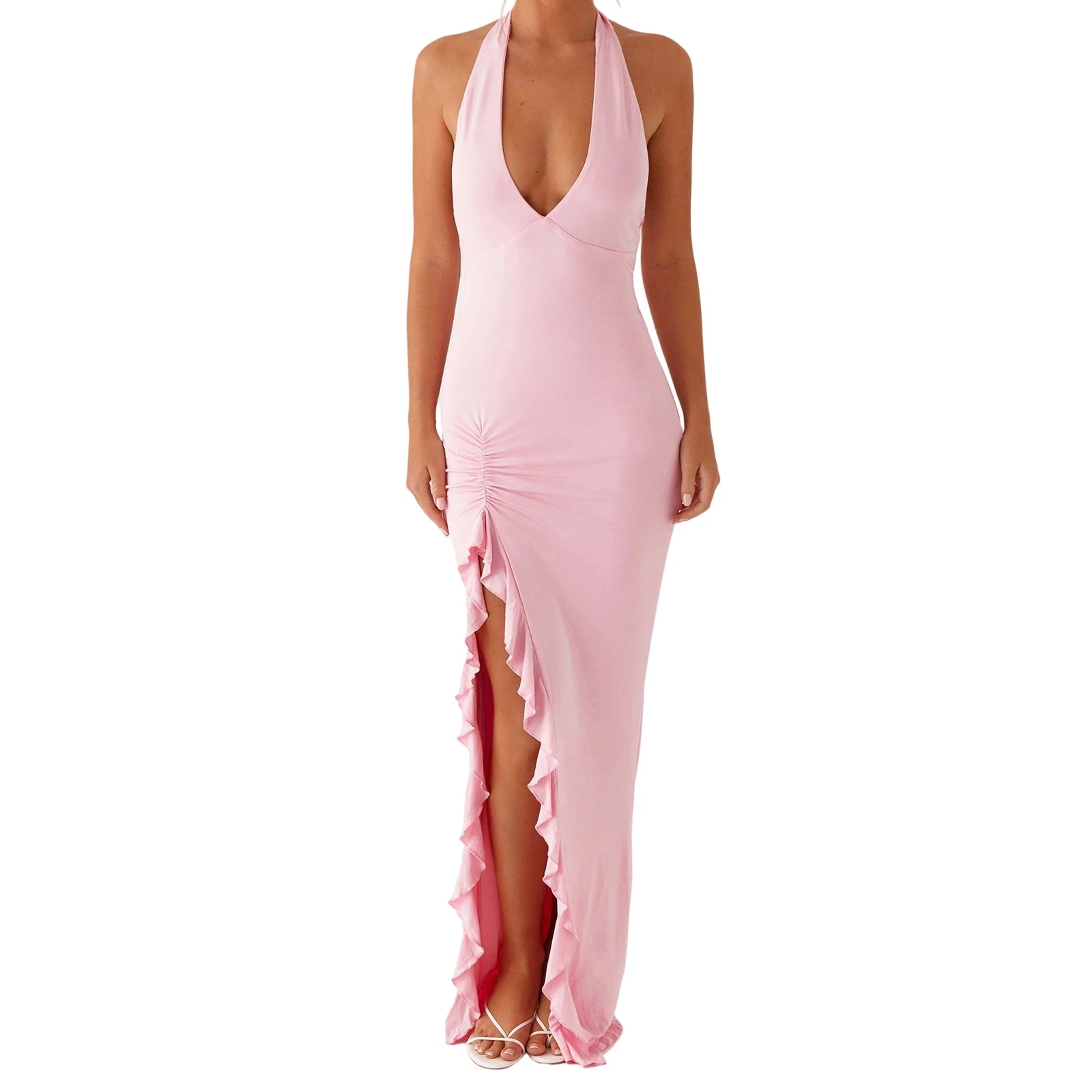Cyflymder  Elegant Sleeveless Maxi Dress with Flattering Ruched Detail and Chic V-Neckline for Women s Evening Party Wear