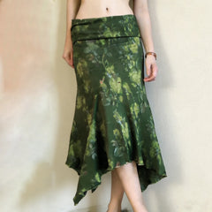 Cyflymder  Bohemian Holiday Style Floral Printed Fold Waist Skirts Summer Asymmetric Hem Knitted Half Outfits Women's  Vintage Forest Style
