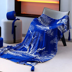 Cyflymder  Ethnic Style Pure Cotton Blue Sofa Blanket Napping Knitted Blanket for Living Room Bedroom Adult Kids Sofa Cover for All Seasons