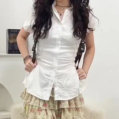 Cyflymder  Women Lapel Short Sleeve Shirt Summer Ruched Waist Slim Fit Button Down Blouse Irregular Hem Office Lady Casual Top