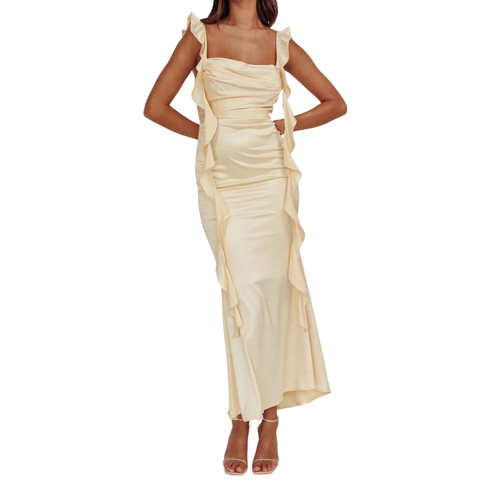 Cyflymder  Elegant Sleeveless Maxi Dress with Flattering Ruched Detail and Chic V-Neckline for Women s Evening Party Wear