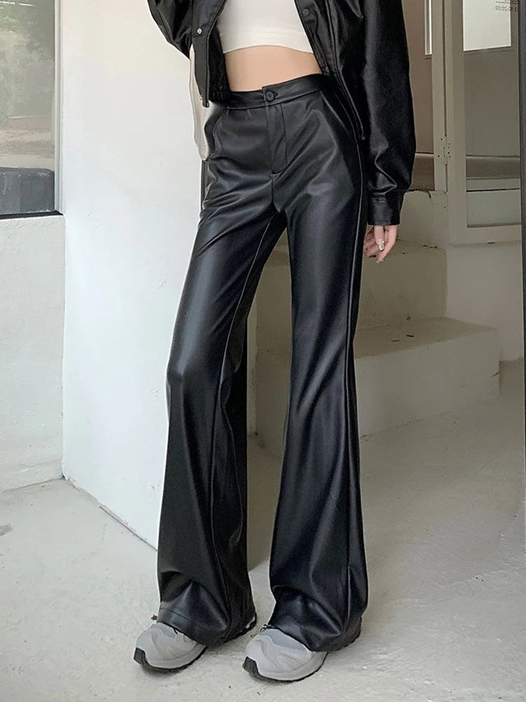 Cyflymder  Streetwear Moto Pu Flare Pants Women High Waist Slim Vintage Trousers Harajuku Casual American Retro Female Autumn Pants