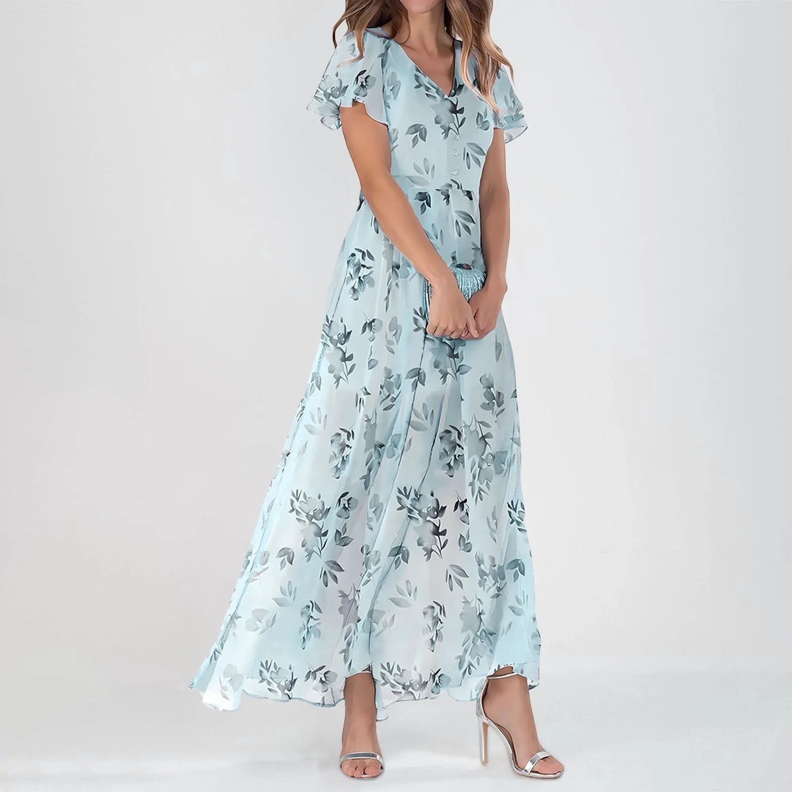 Cyflymder  Summer Beach Style Women'sFloral Dresses Casual Short Sleeve Maxi Long Shirts Floral Maxi Dresses Wedding Guest Flowing Dresses