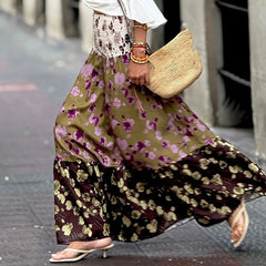 Cyflymder   Trendy High Waist Drawstre Large Swing Beach Holiday Skirt Lady Elegant Ruffle Edge Elastic Skirt Retro Print Drawstring Skirt
