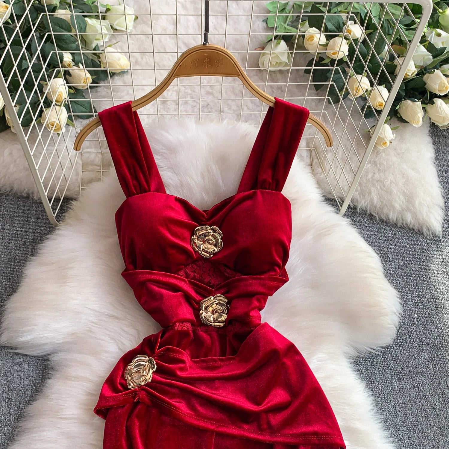 Cyflymder  Ele Velvet V-Ne Metal Flower Print Wrap Dr Women's Faion Autumn Long Dr High Waist A-Line Skirt No Sve