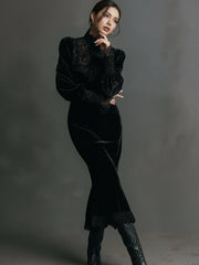 Cyflymder  Gothic Lace Patchwork Velvet Maxi Dress Women's Retro Autumn Winter Bodycon Elegant Lantern Sleeve Slim Party Gown
