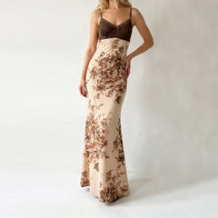 Cyflymder  Women's Elegant Brown And Cream Floral Maxi Slip Dress Lace-Trimmed Spaghetti Straps, Vintage-Inspired Floor-Length Outfits Chic