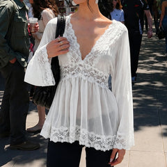 Cyflymder   V Neck Lace Spliced Bell Sleeve Empire Waist Peplum Blouse Women Vintage Sweet Casual Loose Flowy White Chiffon Daily Wear Tops