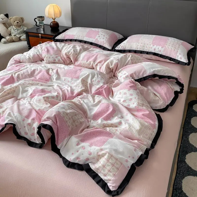 Cyflymder  INS French Style Floral Simple Black Lace Double Layer Gauze Bedding Set Washed Cotton Bed Sheet Fitted Sheet Fresh Quilt Cover