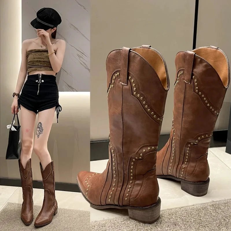 Cyflymder Studded Boots Women Low Heel Cowboy Chelsea Western Short Leather Knee High Luxury Designer Gothic New Rock Shoes Vintage