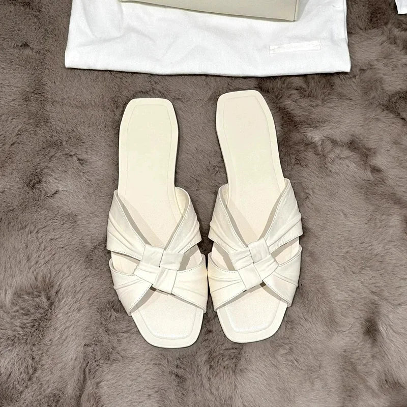 Cyflymder   Women's Flat Slide Sandals New Slippers Square Toe Soft Leather Slippers Shoes Women Summer Casual Outdoor Lady Slippers